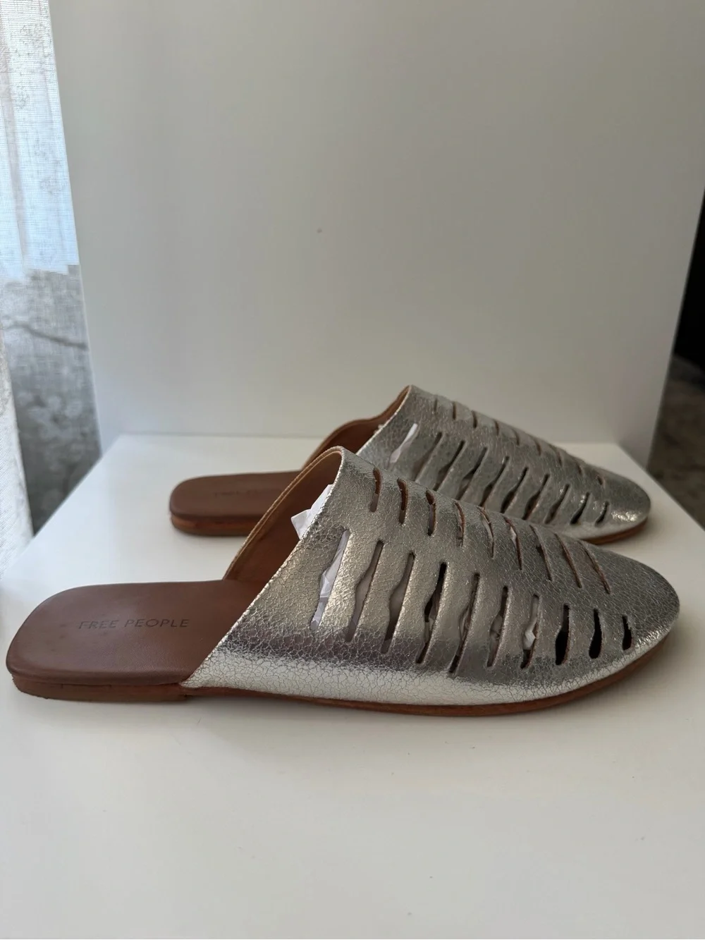 Free People Slice of Sun Silver Leather Cutout Mule Flats - Size 7.5 NWT